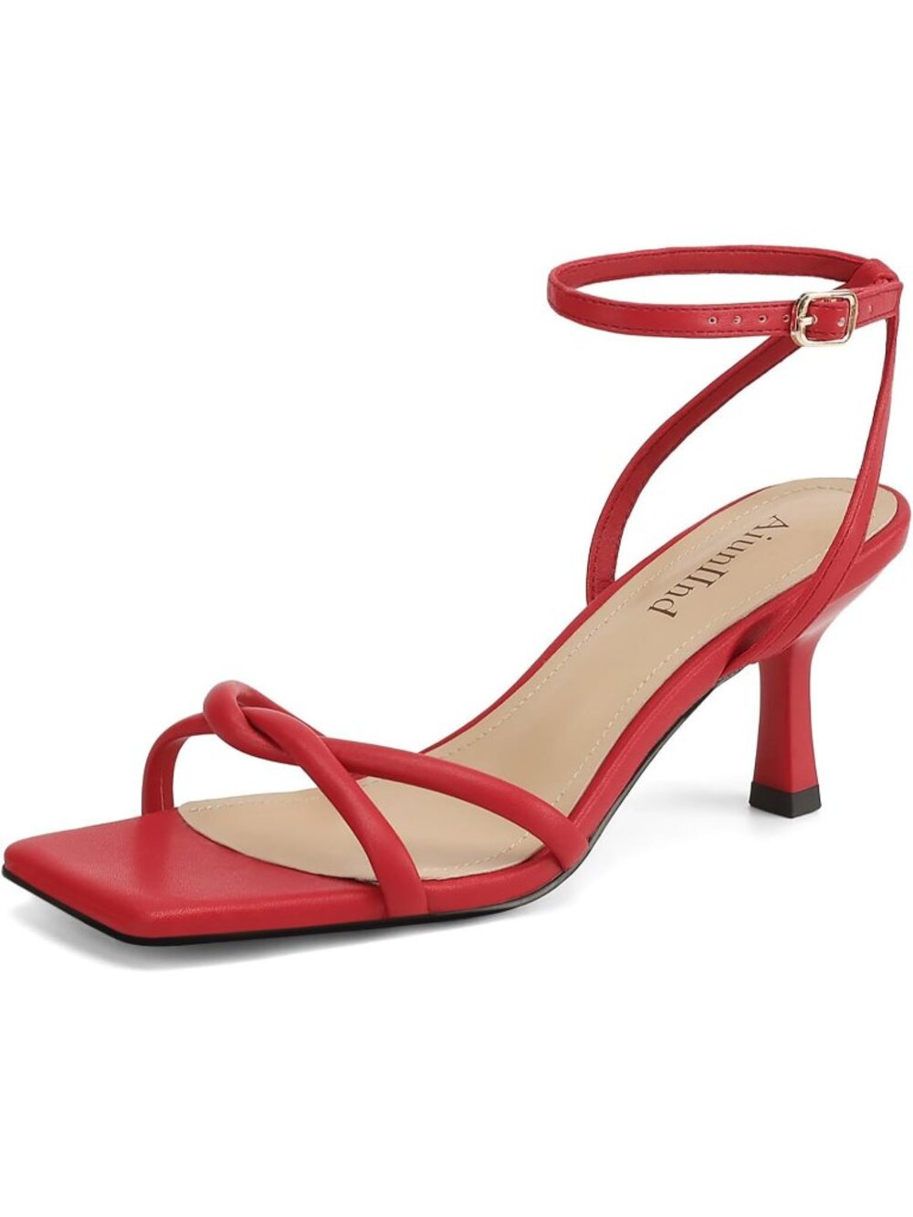 Women's Red Kitten Low Heel Square Open Toe Adjustable Ankle Strap Sandals